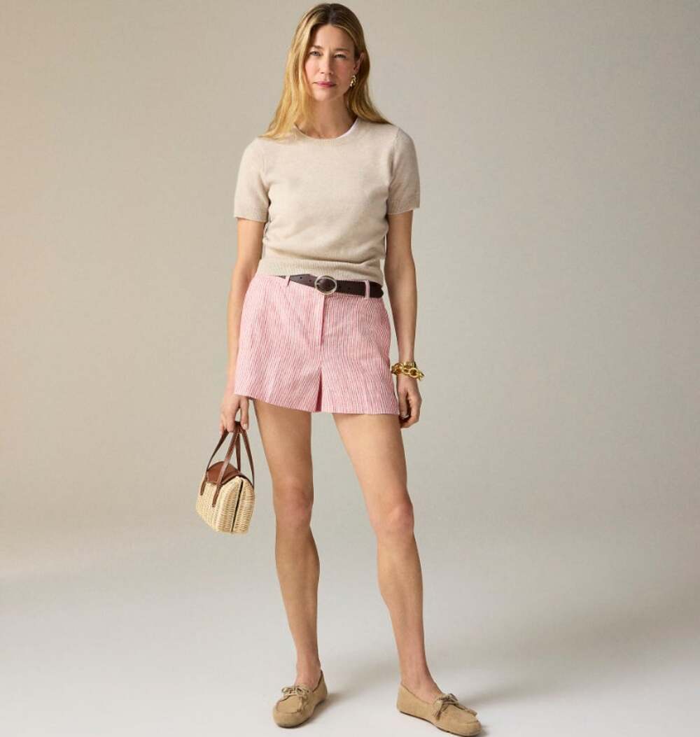 J.Crew 3" Harbor Linen Short WMNS S Electric Red Striped High Rise Elastic Waist